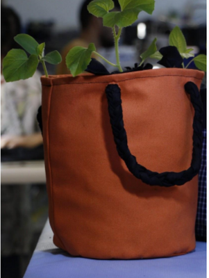 Brown leather fabric pot with green plant leaves sticking out of the pot.